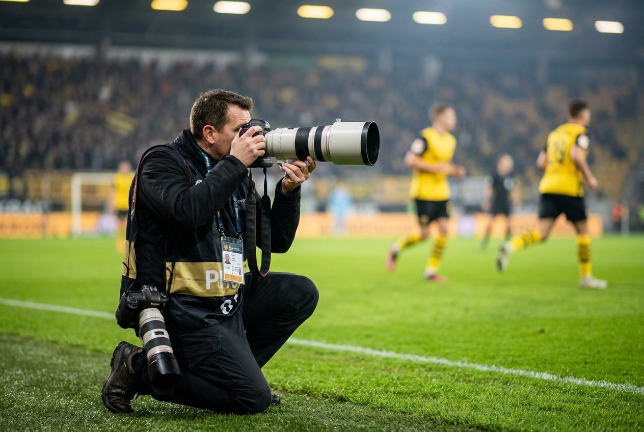 Fotógrafo esportivo na beira do campo