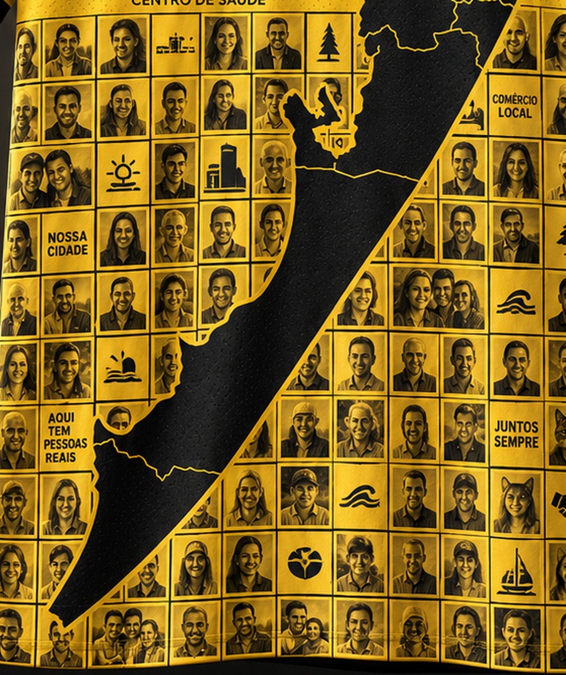 Detalhe do mosaico de rostos na camisa